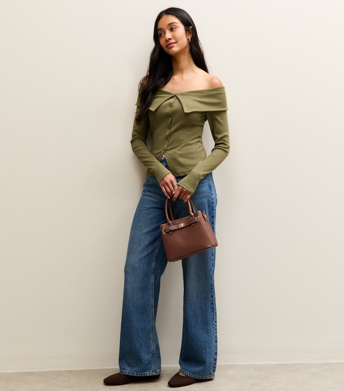 New Look Women's Dark Khaki Folded Bardot Neck Button Up Top New Look - 3