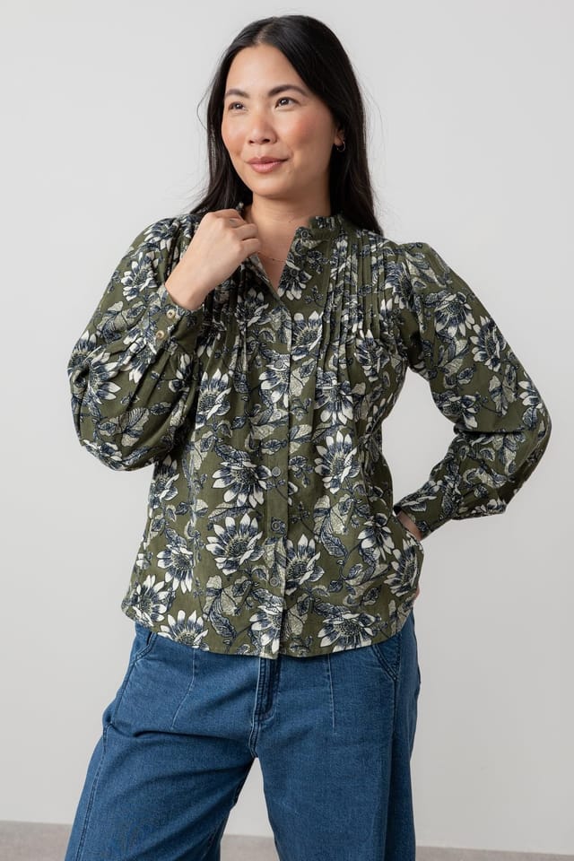Lily & Me Lily & Me Women's Flora Ditsy Print Cotton Pincord Blouse in Green - 2