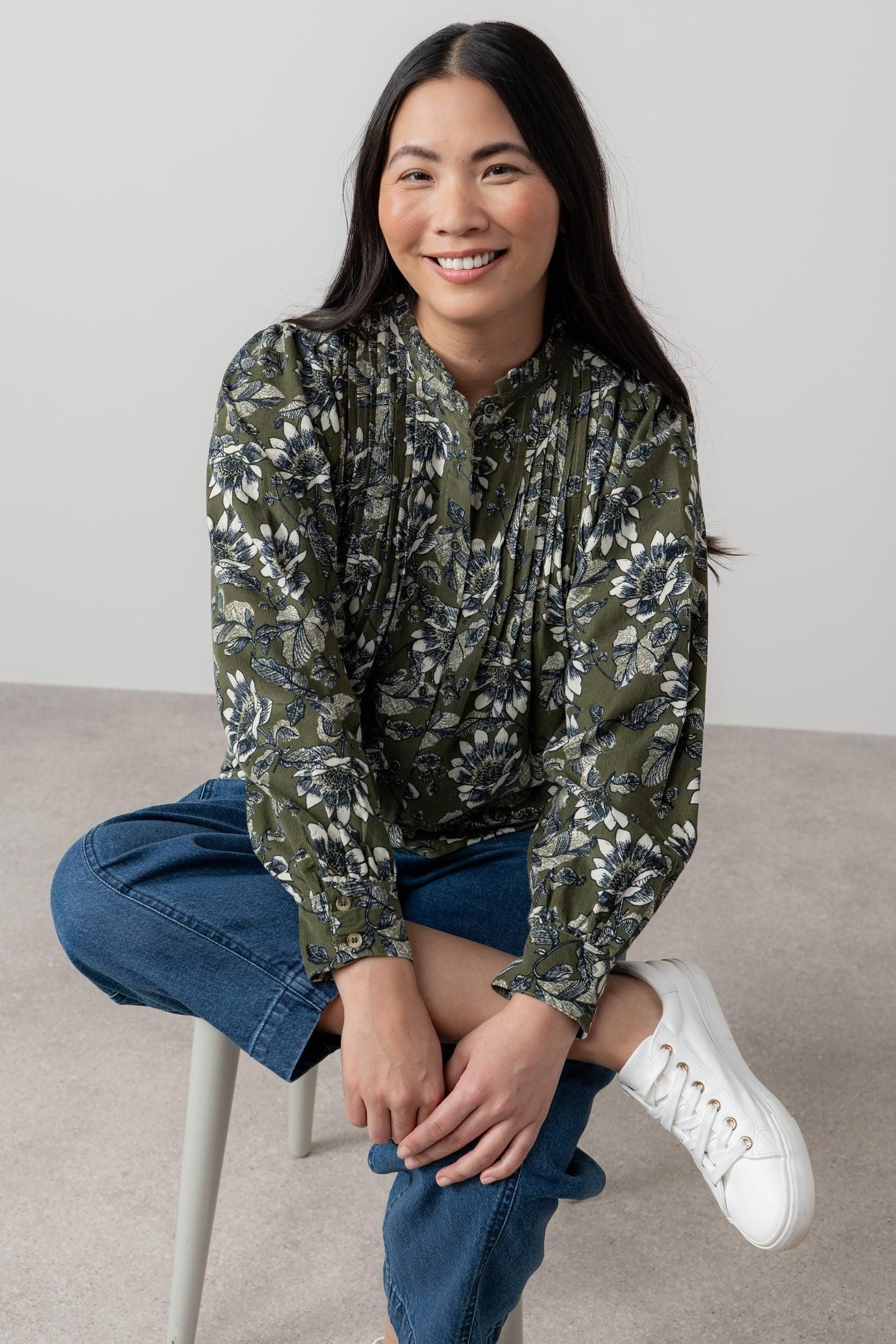 Lily & Me Lily & Me Women's Flora Ditsy Print Cotton Pincord Blouse in Green - 3