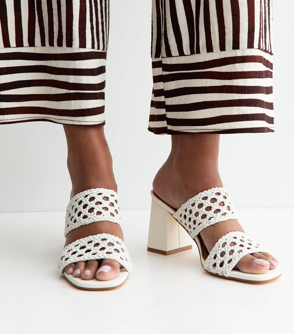 New Look Women's White Macrame Strap Block Heel Mules Vegan New Look