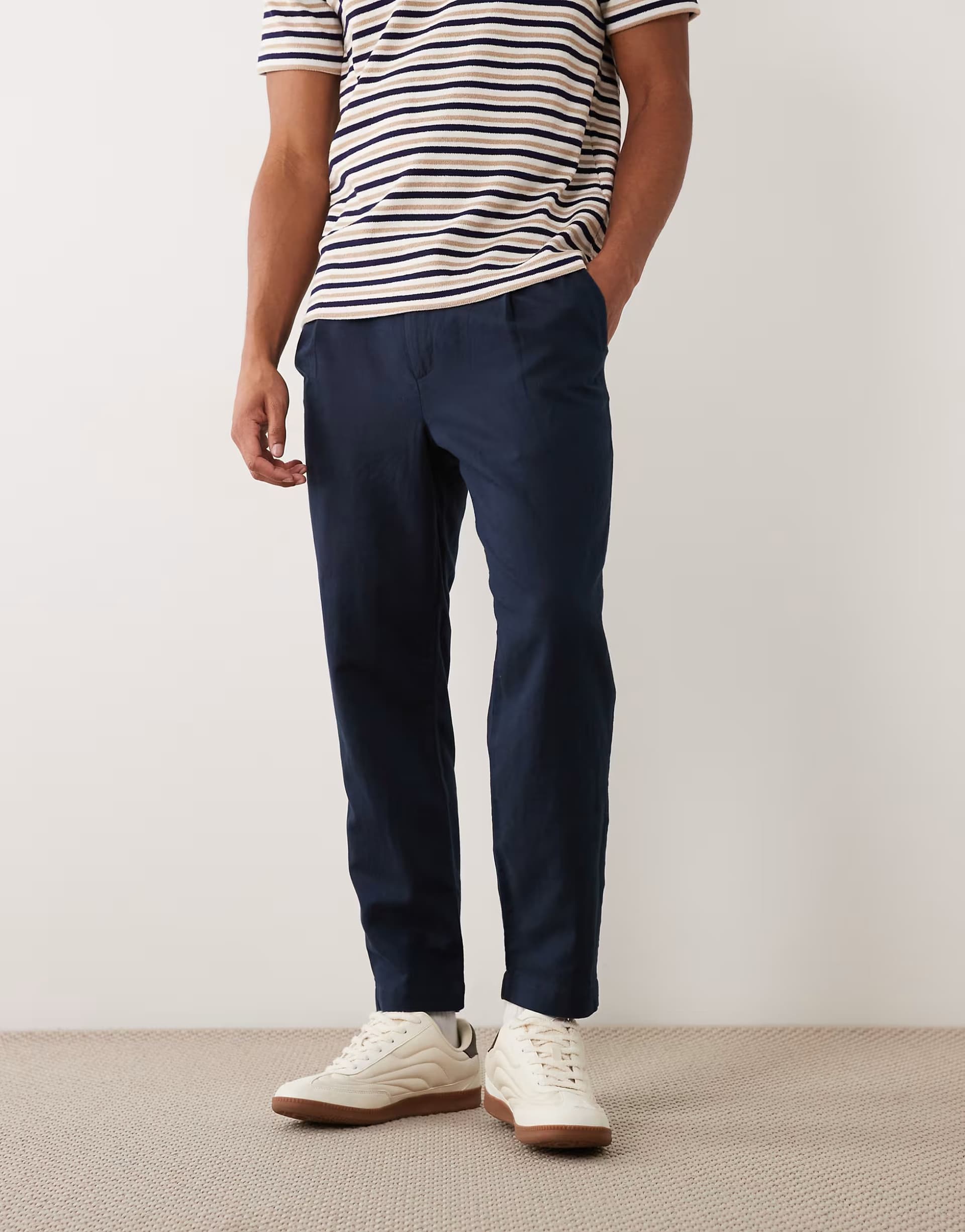 ASOS Mango linen mix tie wasit trousers in navy
