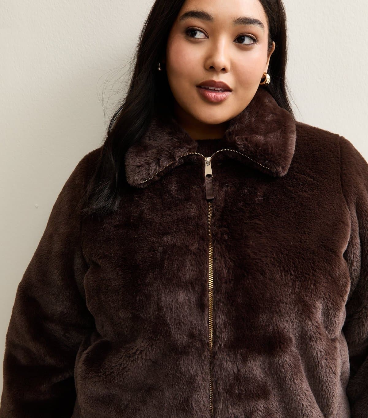 New Look Women's Plus Size Dark Brown Faux Fur Bomber Jacket Curves New Look