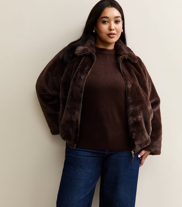 New Look Women's Plus Size Dark Brown Faux Fur Bomber Jacket Curves New Look - 2