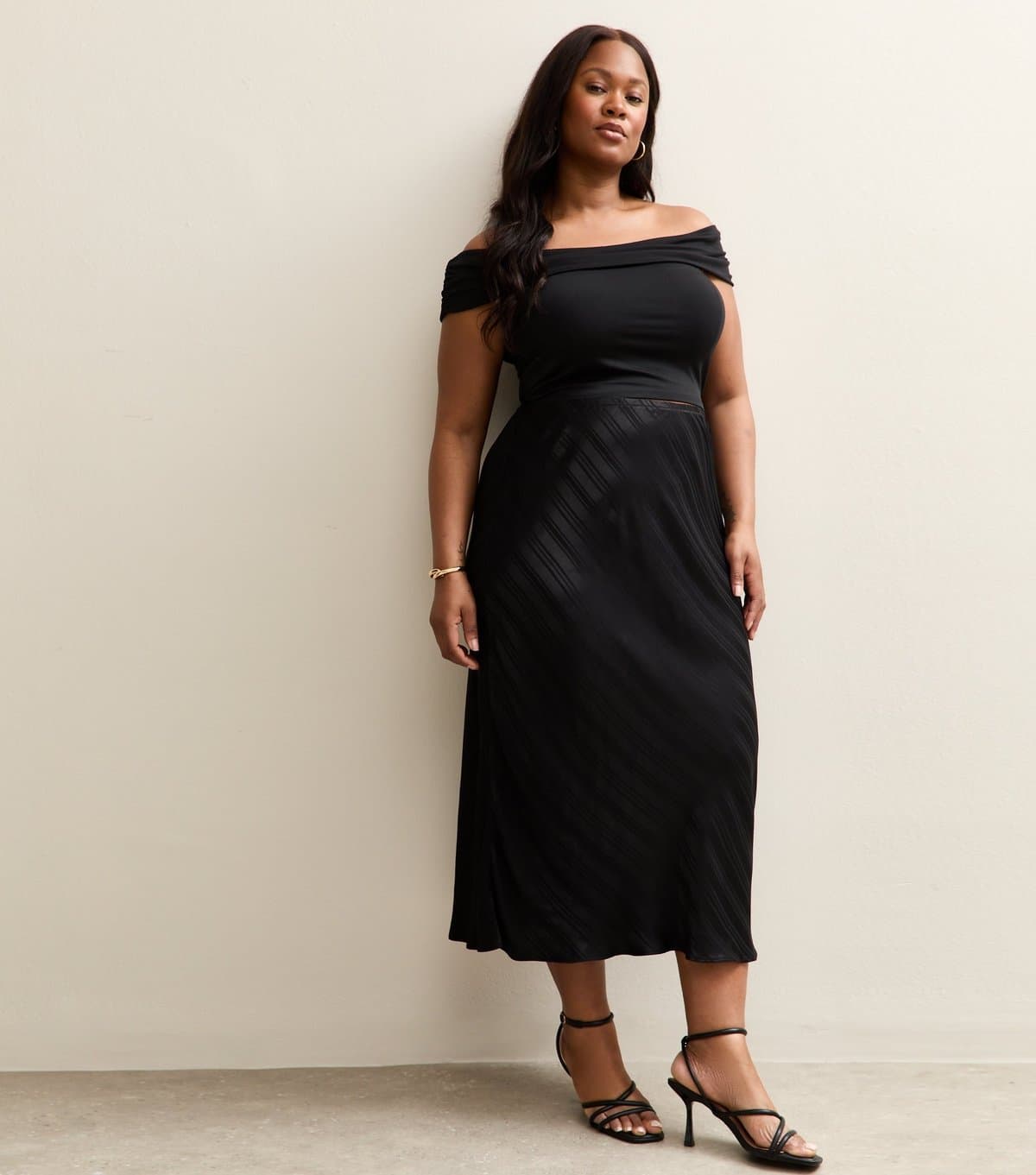 New Look Women's Plus Size Black Striped Satin Bias Cut Midi Skirt Curves New Look