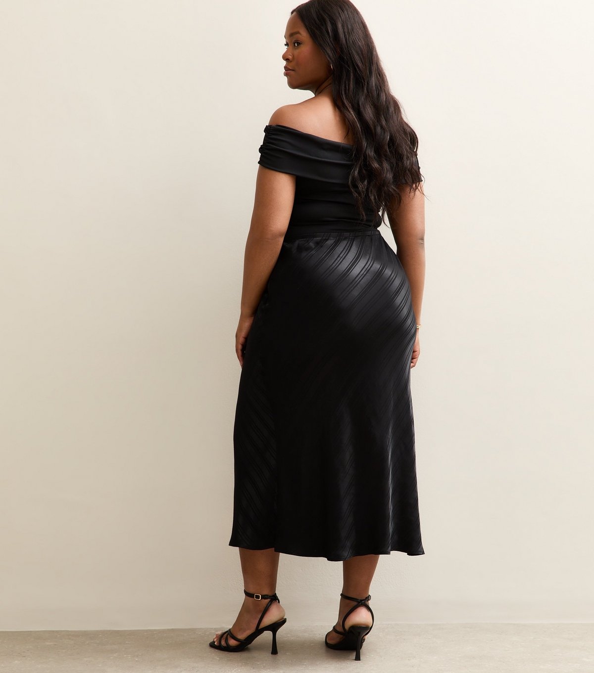 New Look Women's Plus Size Black Striped Satin Bias Cut Midi Skirt Curves New Look - 4