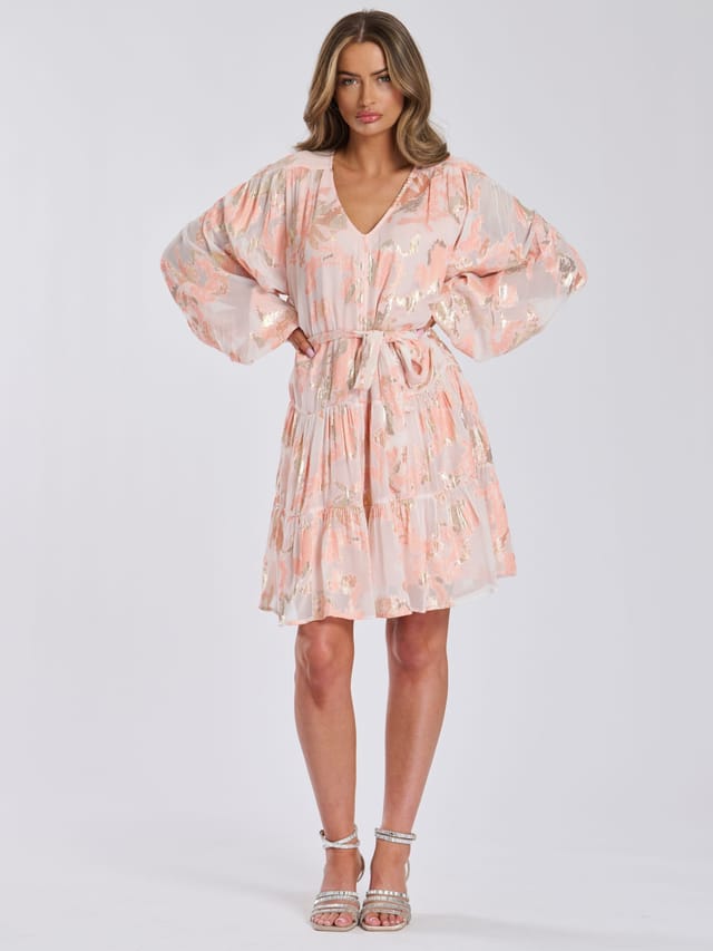 Finding Friday Finding Friday Women's Metallic Tiered Knee Length Dress in Coral - 2