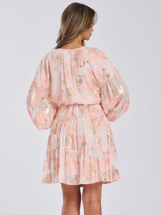 Finding Friday Finding Friday Women's Metallic Tiered Knee Length Dress in Coral - 3