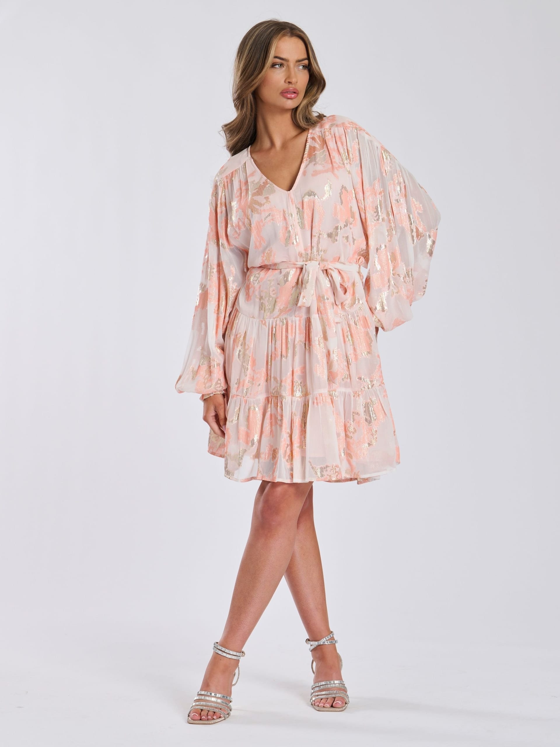 Finding Friday Finding Friday Women's Metallic Tiered Knee Length Dress in Coral - 4