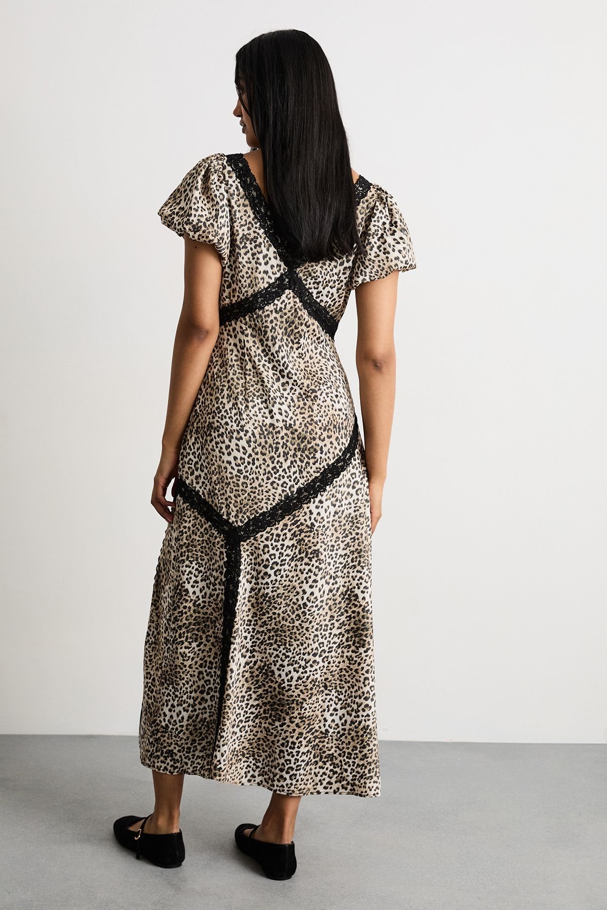 Warehouse Warehouse Women's Animal Print Puff Sleeve Lace Trim Midi Dress With Split - 3
