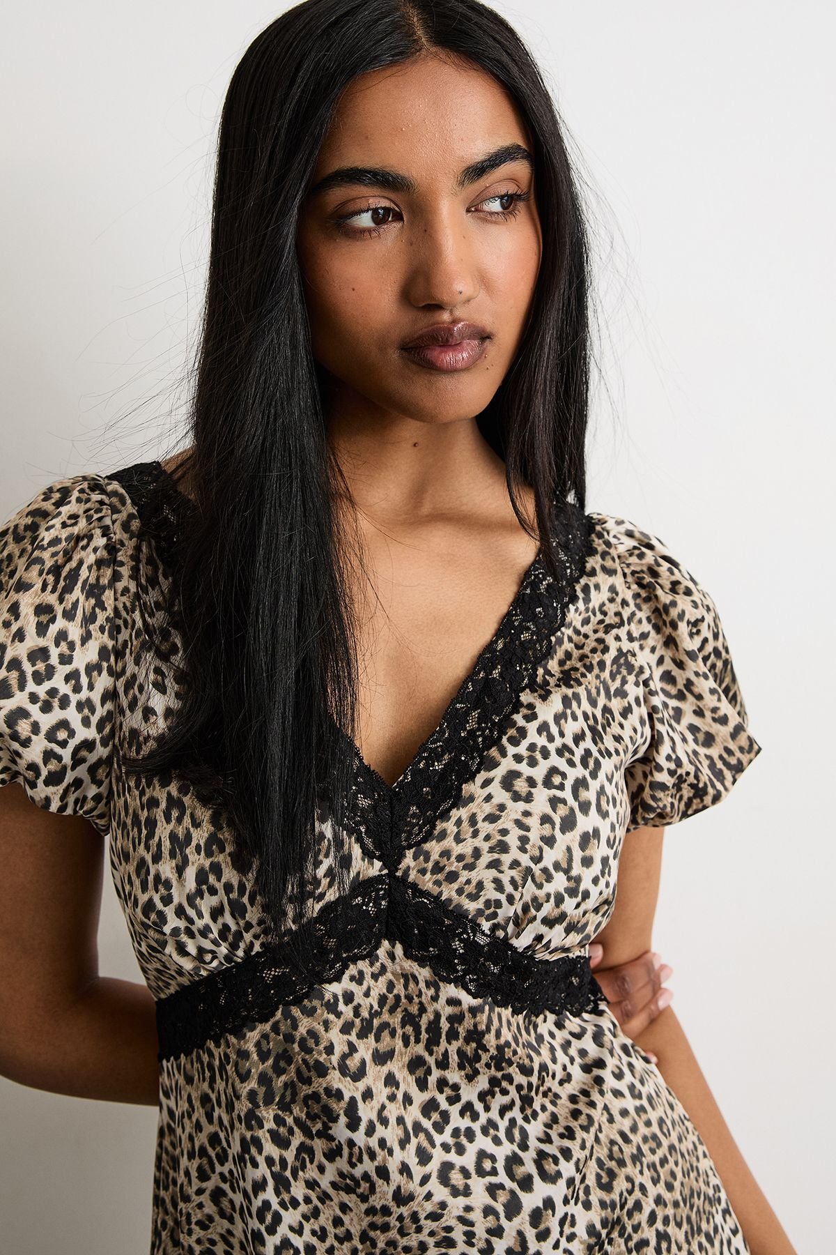 Warehouse Warehouse Women's Animal Print Puff Sleeve Lace Trim Midi Dress With Split - 4