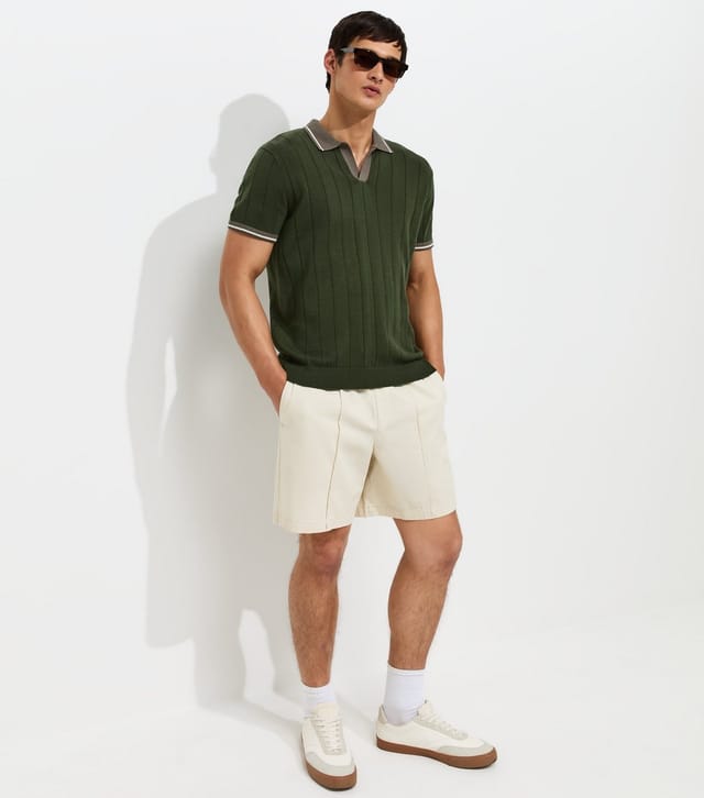 New Look Men's Dark Khaki Cotton Rich Regular Fit Contrast Trim Ribbed Polo Top New Look - 2