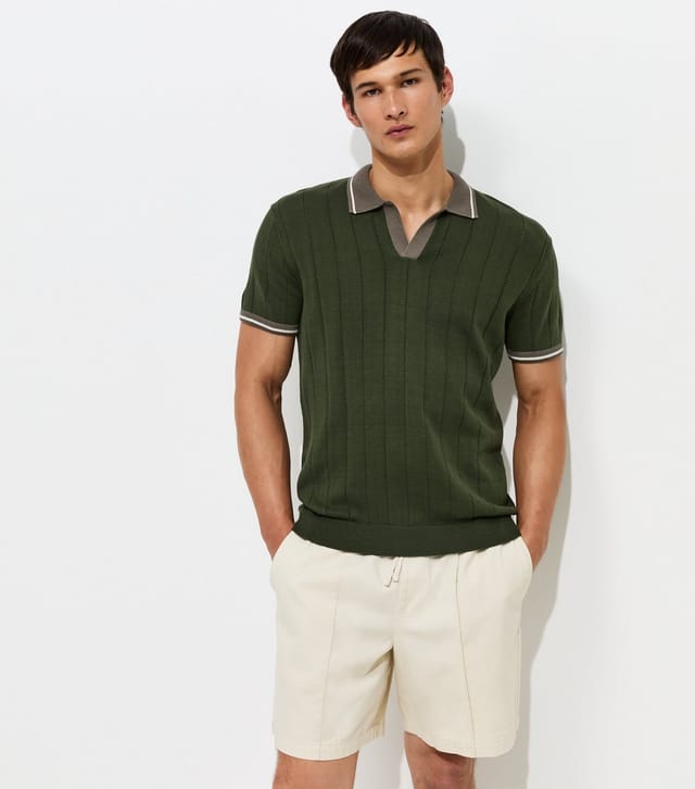 New Look Men's Dark Khaki Cotton Rich Regular Fit Contrast Trim Ribbed Polo Top New Look - 3