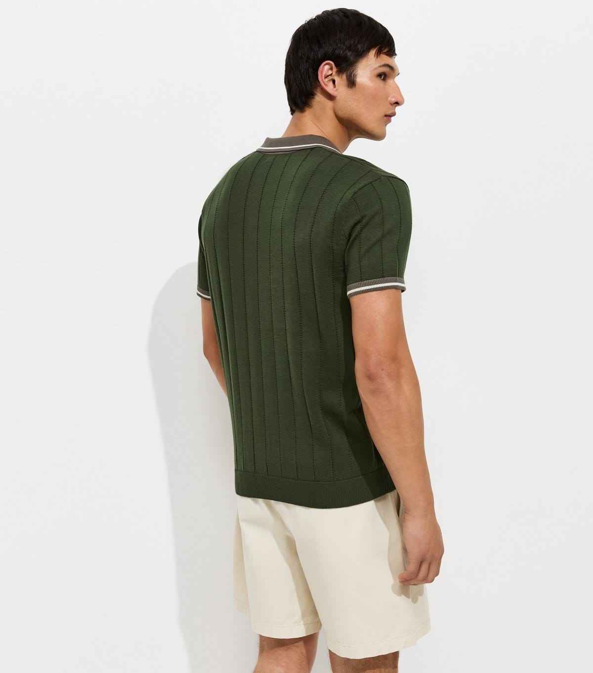 New Look Men's Dark Khaki Cotton Rich Regular Fit Contrast Trim Ribbed Polo Top New Look - 4