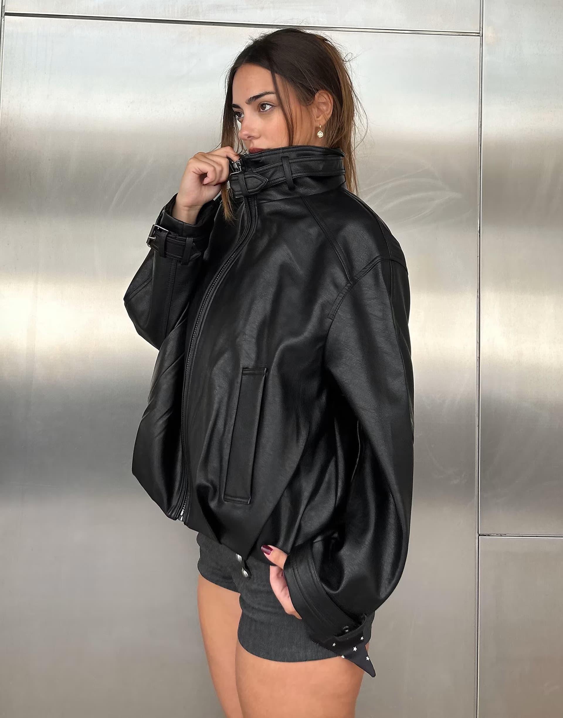 ASOS Bershka Leather effect funnel neck jacket in black