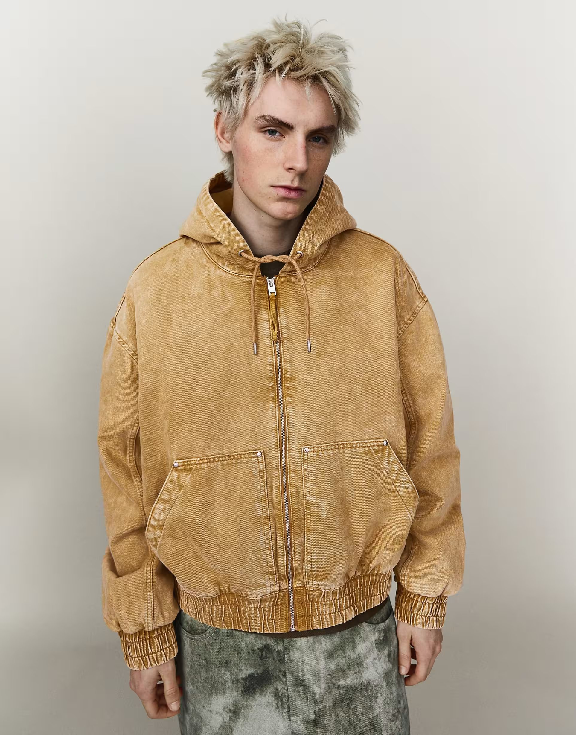 ASOS Bershka Padded zip-up jacket with hood in camel - 1