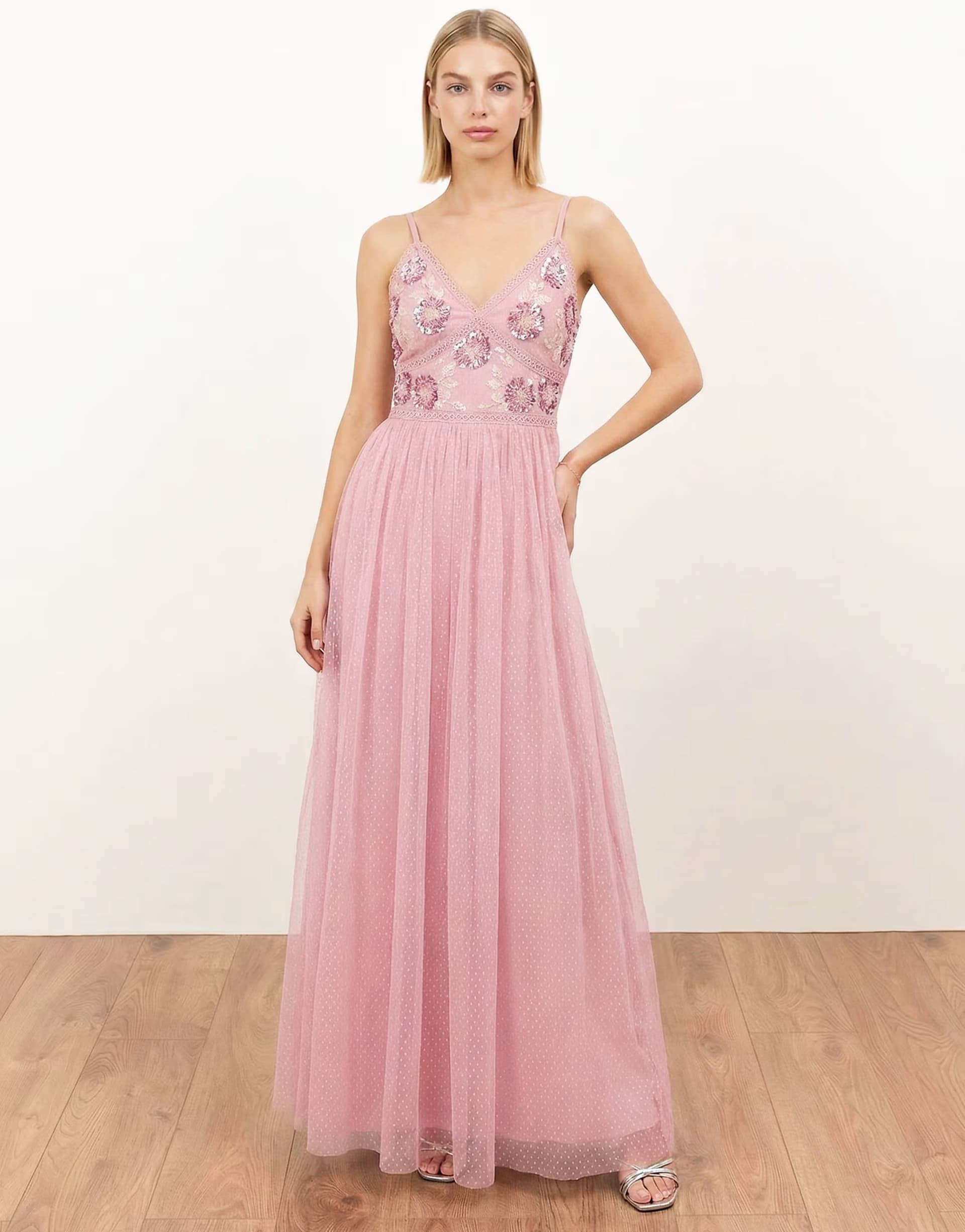 ASOS Maya Floral embellished spot mesh cami maxi dress in soft pink