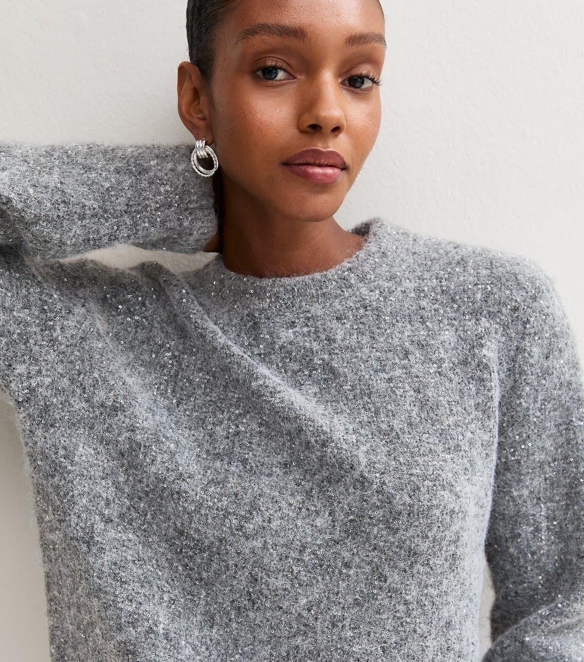 New Look Women's Grey Sequin Knit Crew Neck Jumper with Wool New Look
