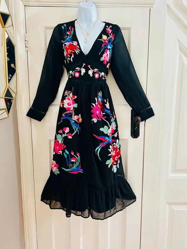 ASOS Embroidered mid maxi dress wedding special occasion Holiday Bohemian 8