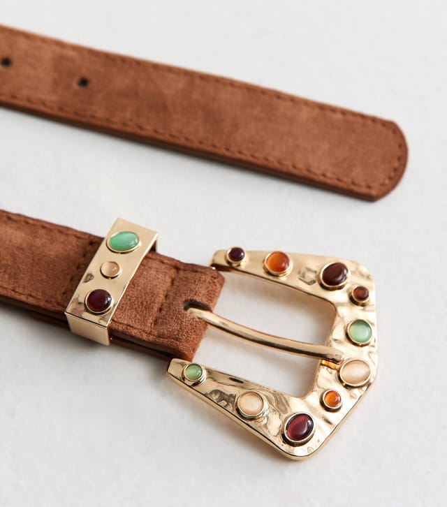 New Look Tan Faux Suede Stone Buckle Belt New Look - 3