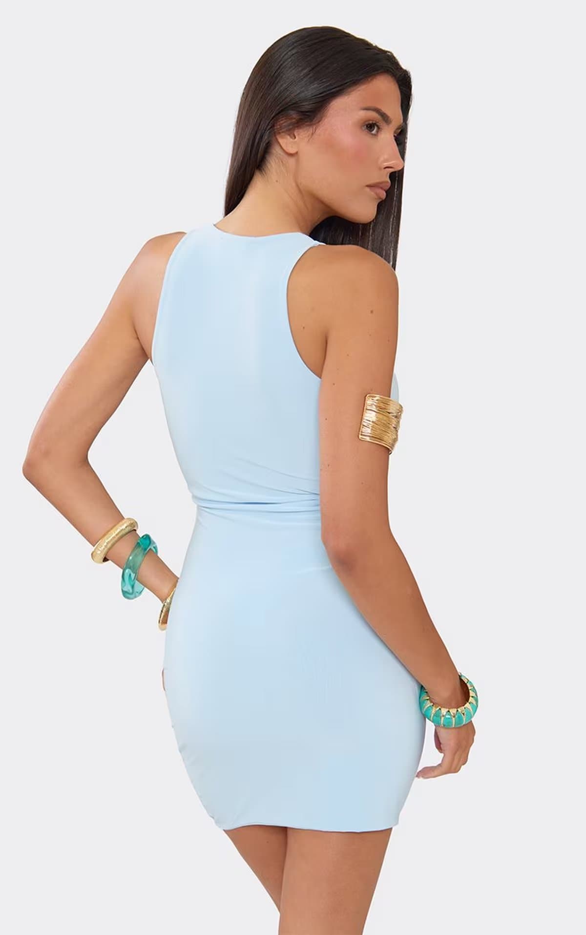 EGO Square Neck Ruched Trim Detail Mini Dress In Baby Blue, Women's Size UK 6