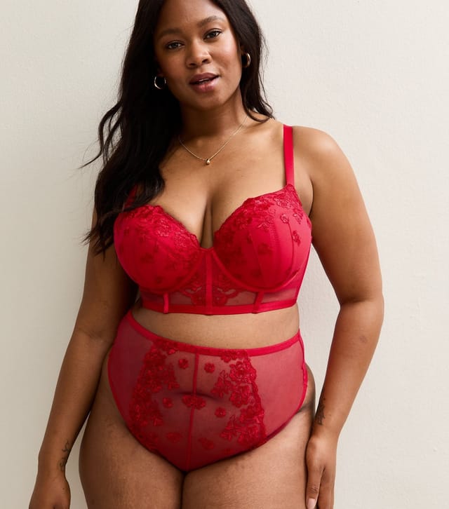 New Look Women's Plus Size Red Floral Embroidered Lace Plunge Bra Curves New Look - 2