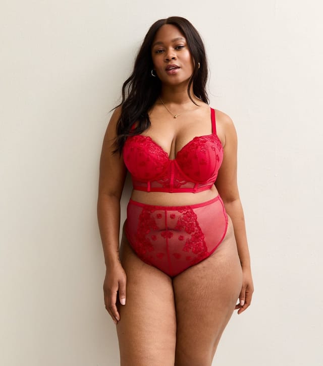 New Look Women's Plus Size Red Floral Embroidered Lace Plunge Bra Curves New Look - 3