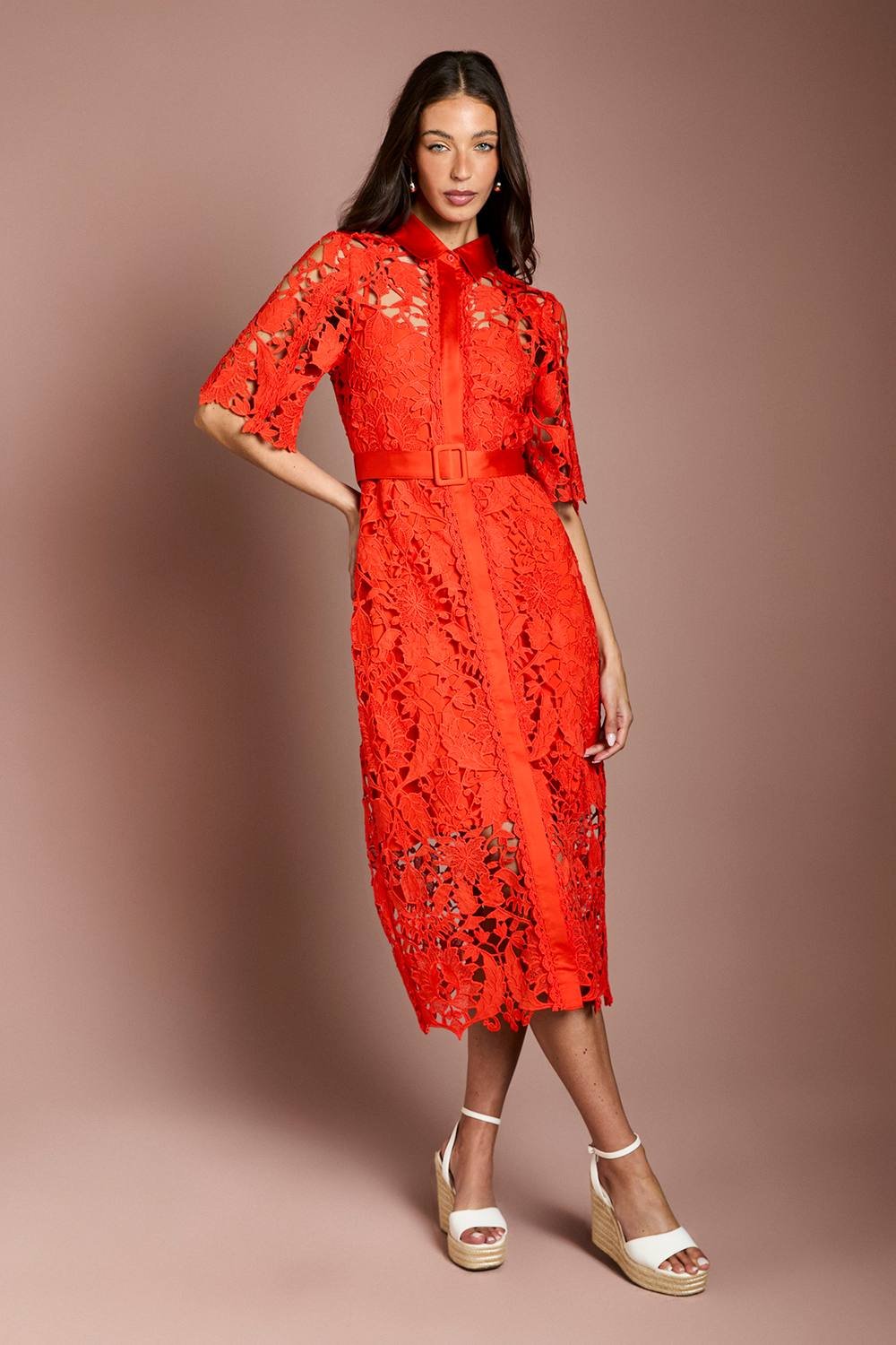 Coast Coast Women's Lace Shirt Dress With Short Sleeves in Flame Red - 2