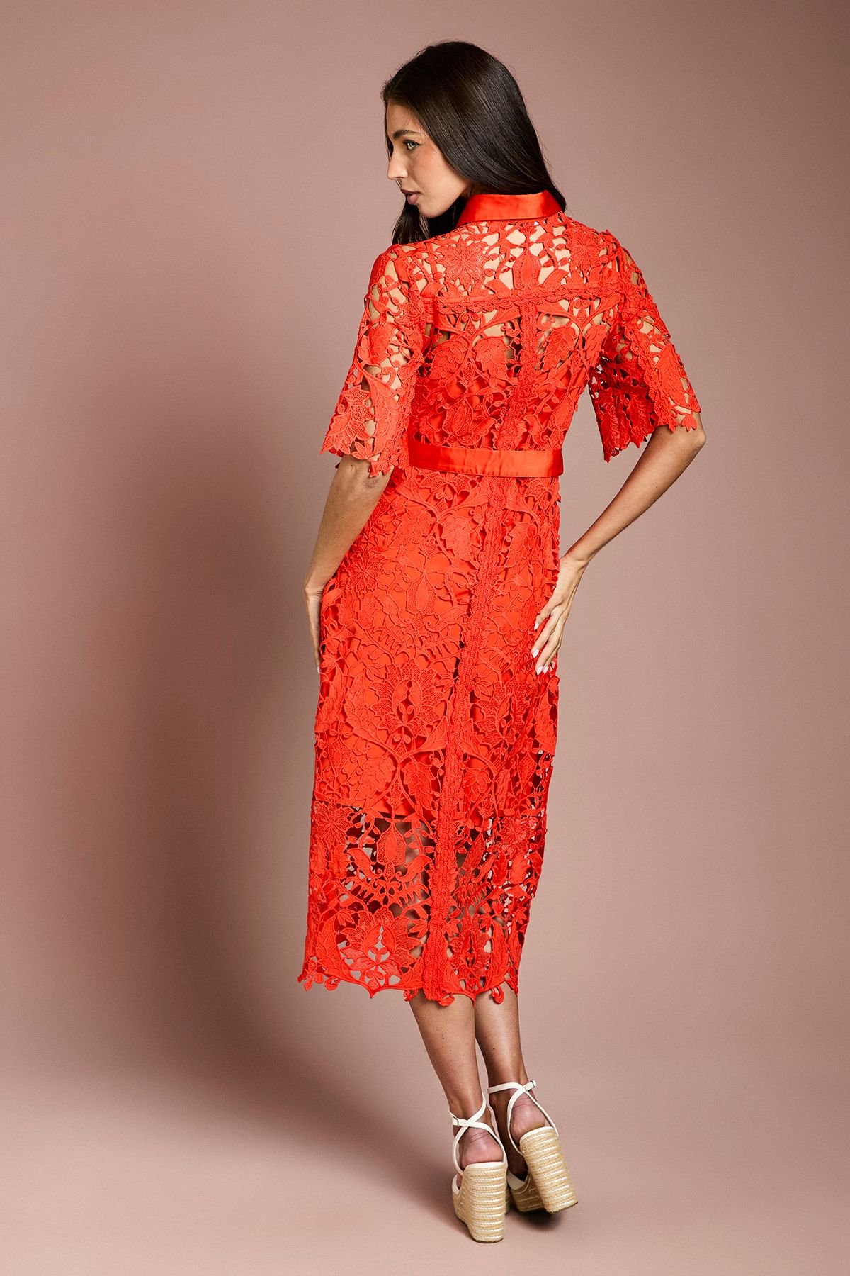 Coast Coast Women's Lace Shirt Dress With Short Sleeves in Flame Red - 3