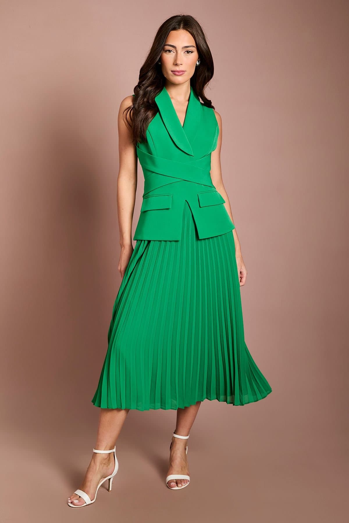 Coast Coast Women's Crepe Wrap Waist Pleated Midi Dress in Green