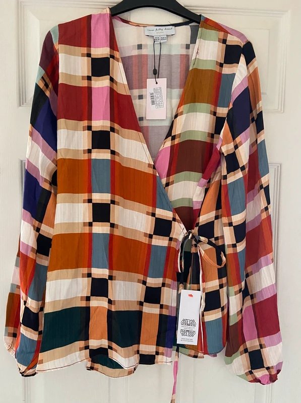 Never Fully Dressed New Never Fully Dressed Check Oversized Wrap Top Blouse Shirt Sz 10 12 long sleeve loose summer - 1