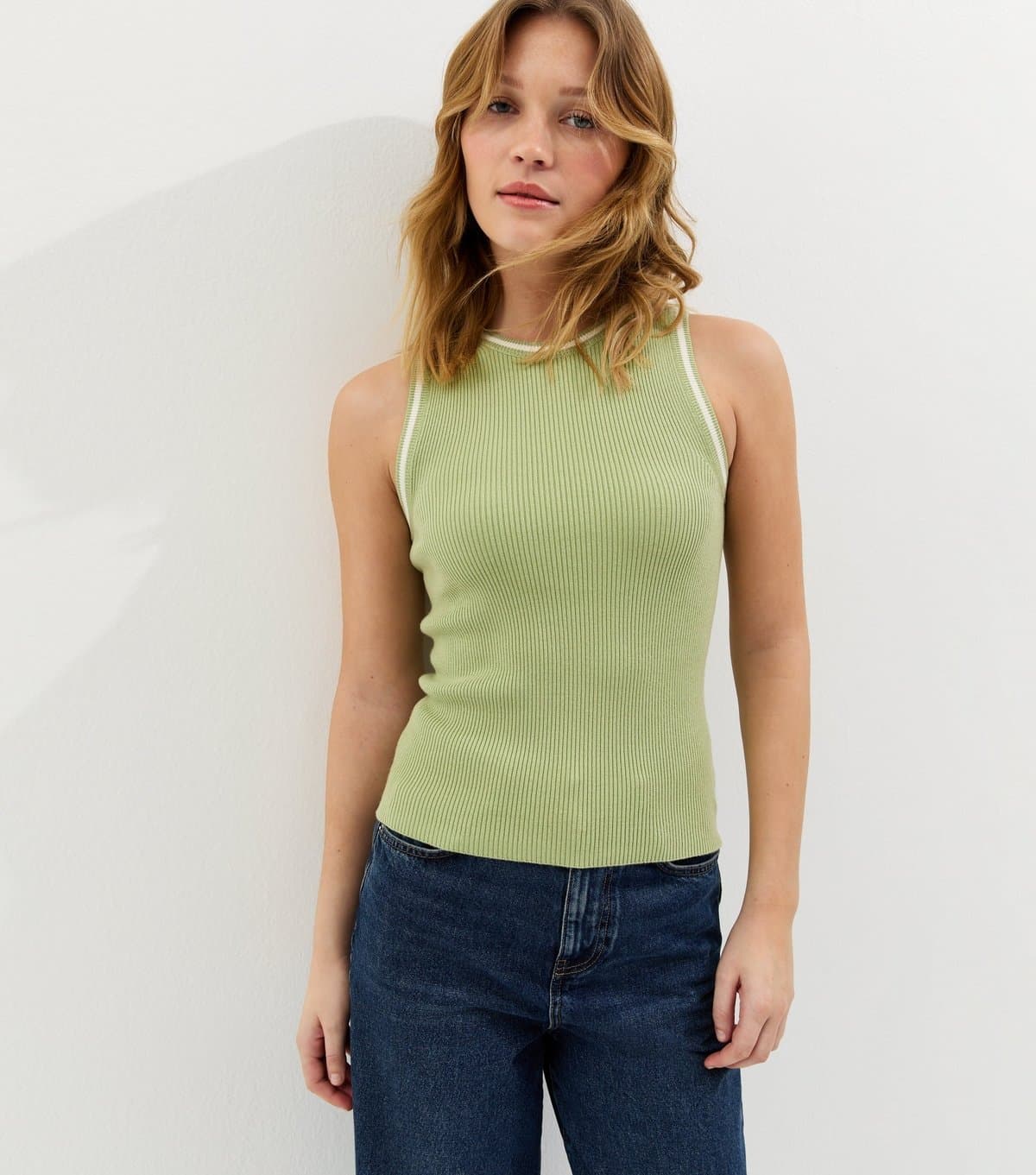 New Look Women's Green Ribbed Contrast Tipping Vest New Look
