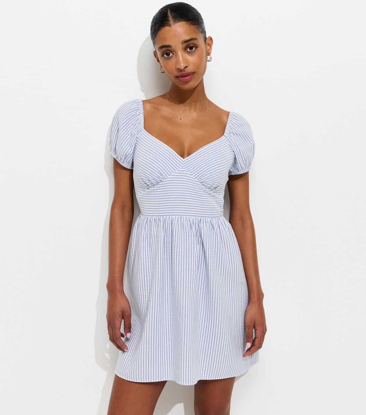 New Look Women's Blue Striped V-Neck Puff Sleeve Mini Dress New Look