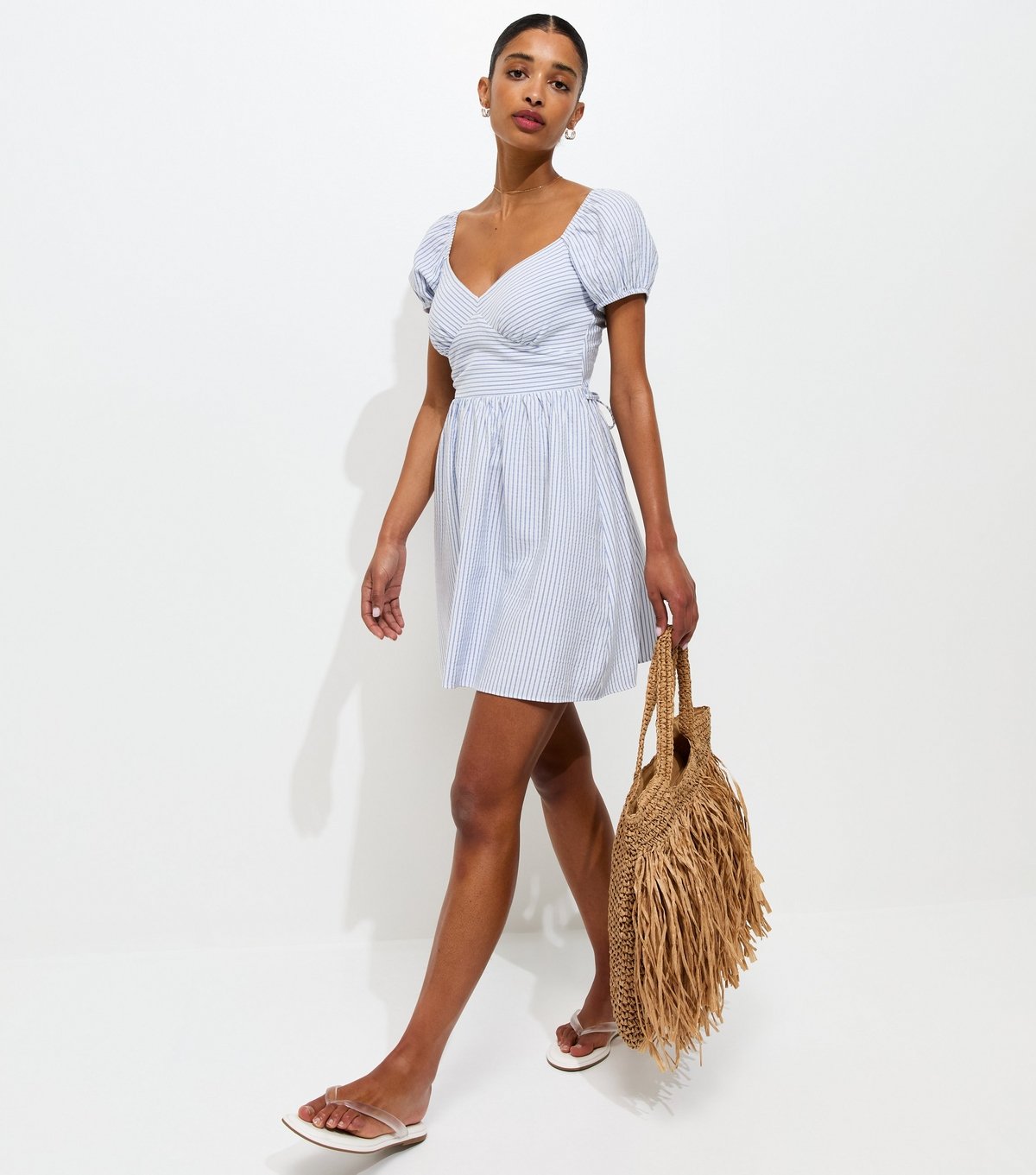 New Look Women's Blue Striped V-Neck Puff Sleeve Mini Dress New Look - 2