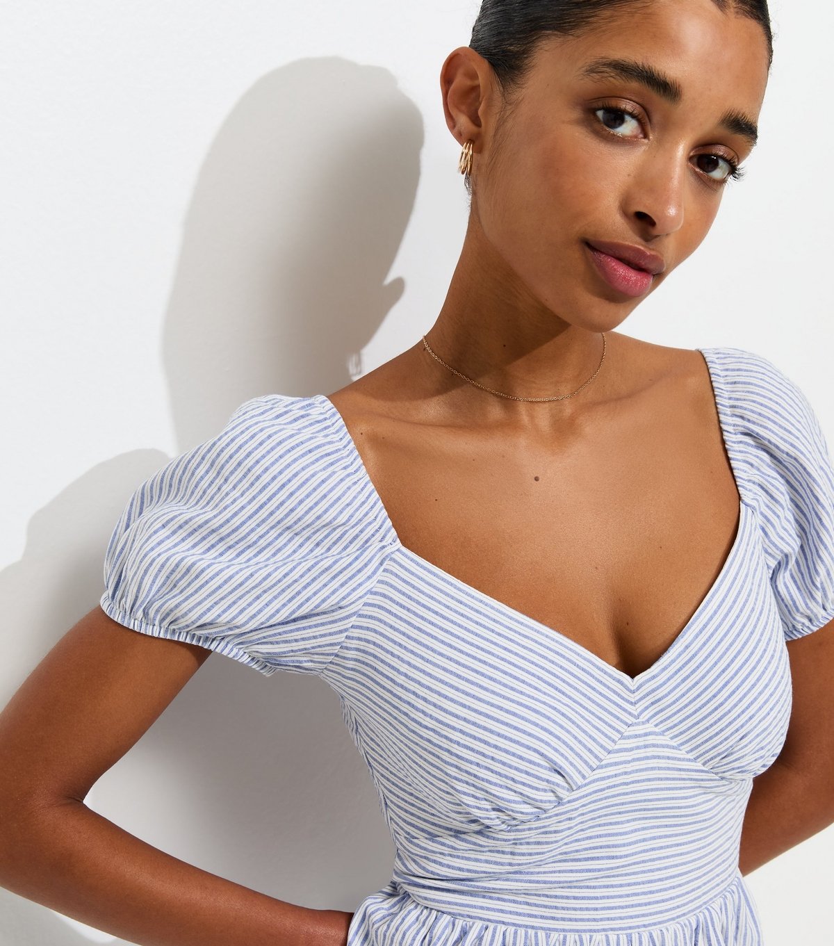 New Look Women's Blue Striped V-Neck Puff Sleeve Mini Dress New Look - 3