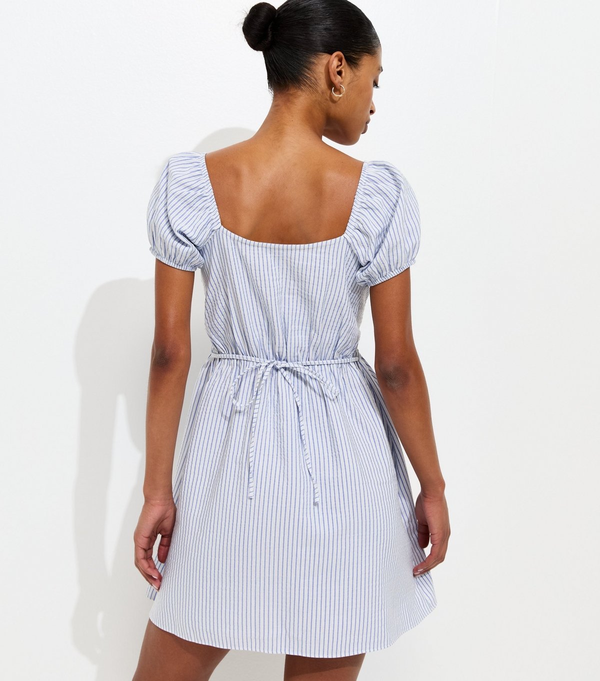 New Look Women's Blue Striped V-Neck Puff Sleeve Mini Dress New Look - 4