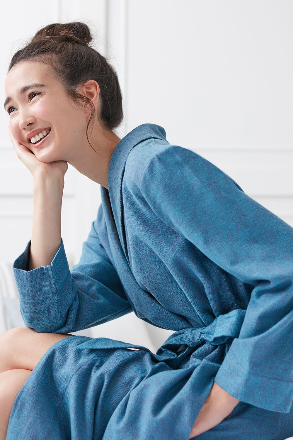 British Boxers British Boxers Women's "Stornoway" Herringbone Brushed Cotton Dressing Gown in Teal - 4