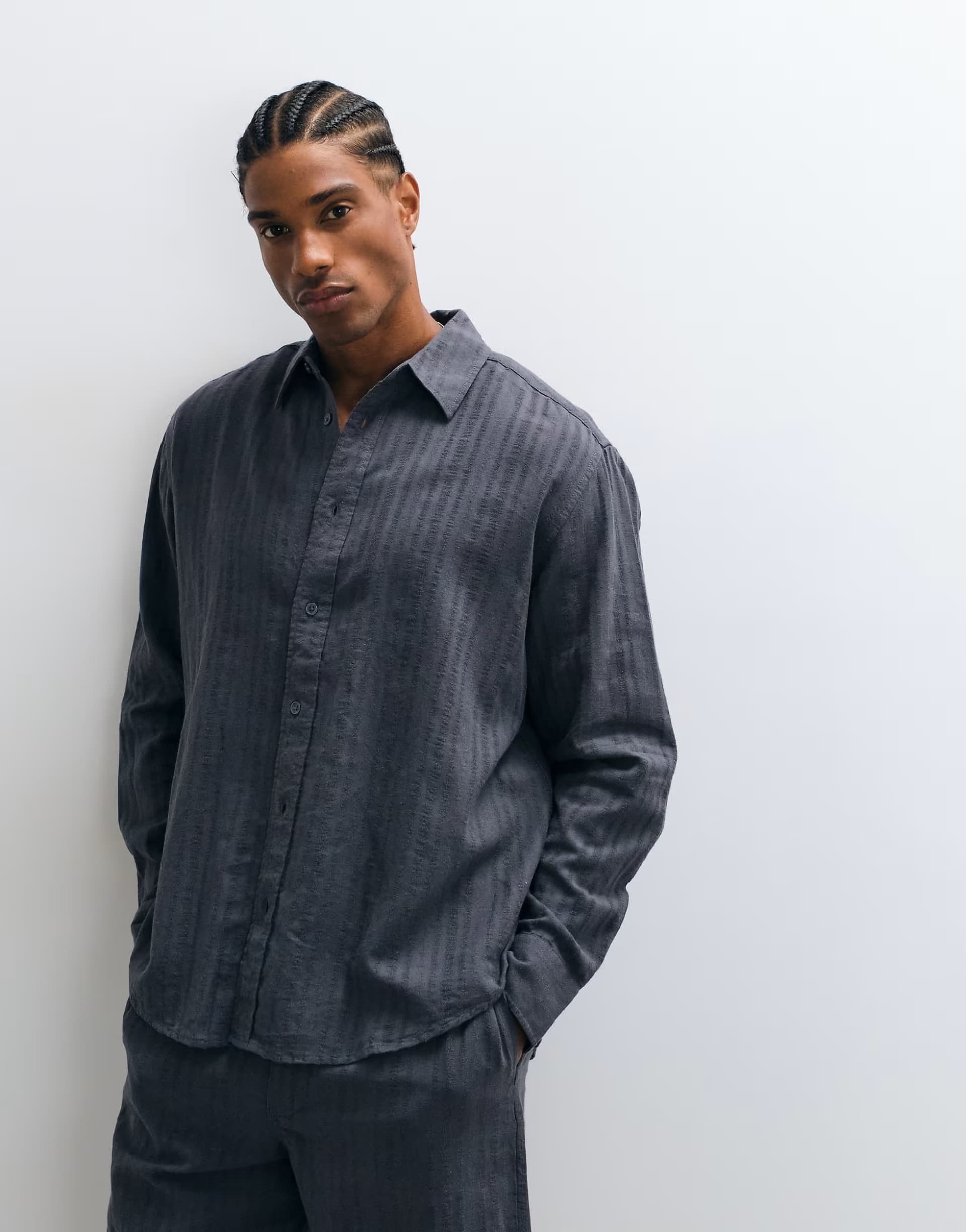 ASOS ONLY & SONS linen blend textured long sleeve shirt co-ord in washed blue