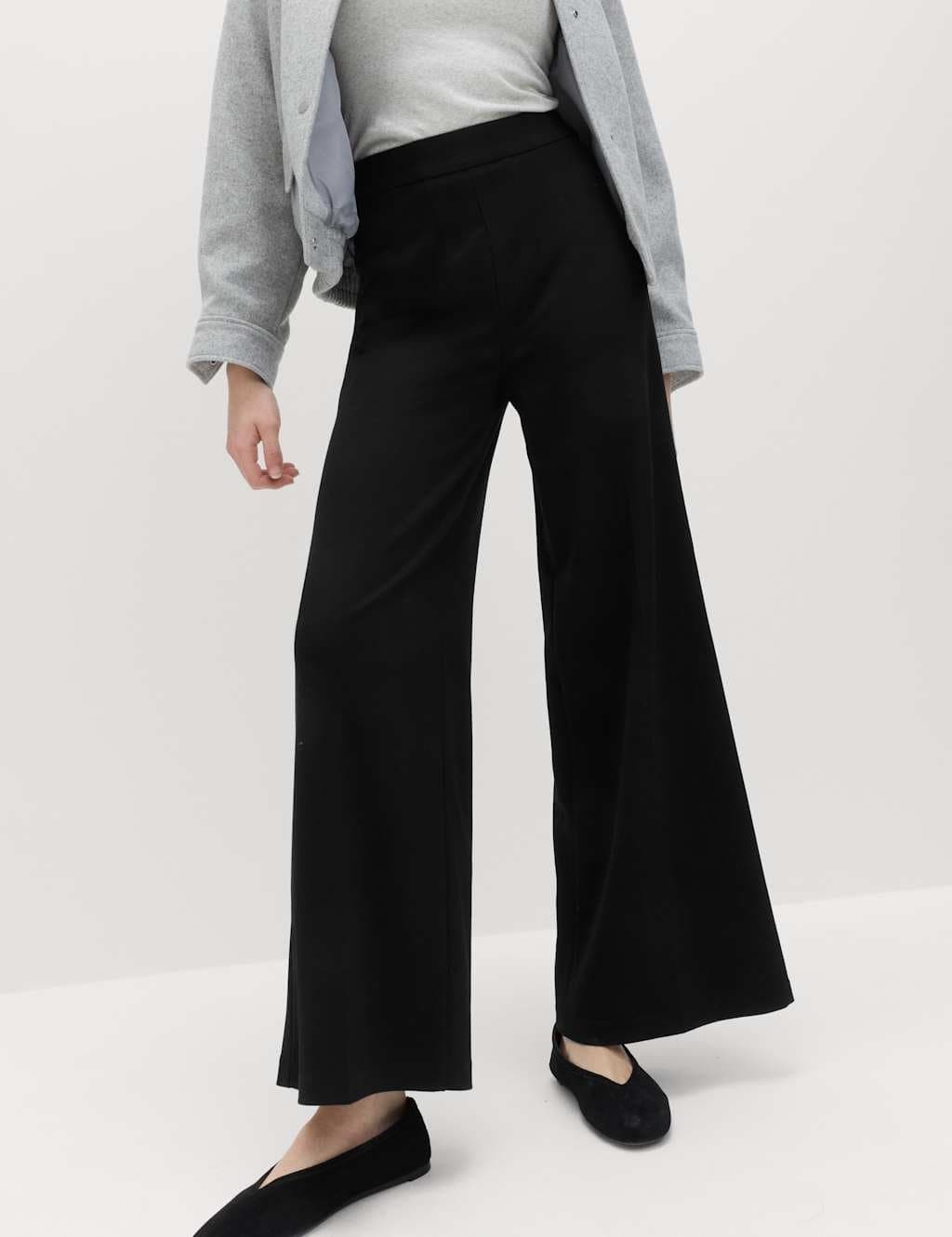 Marks & Spencer M&S Jersey Wide Leg Trousers with Stretch Black