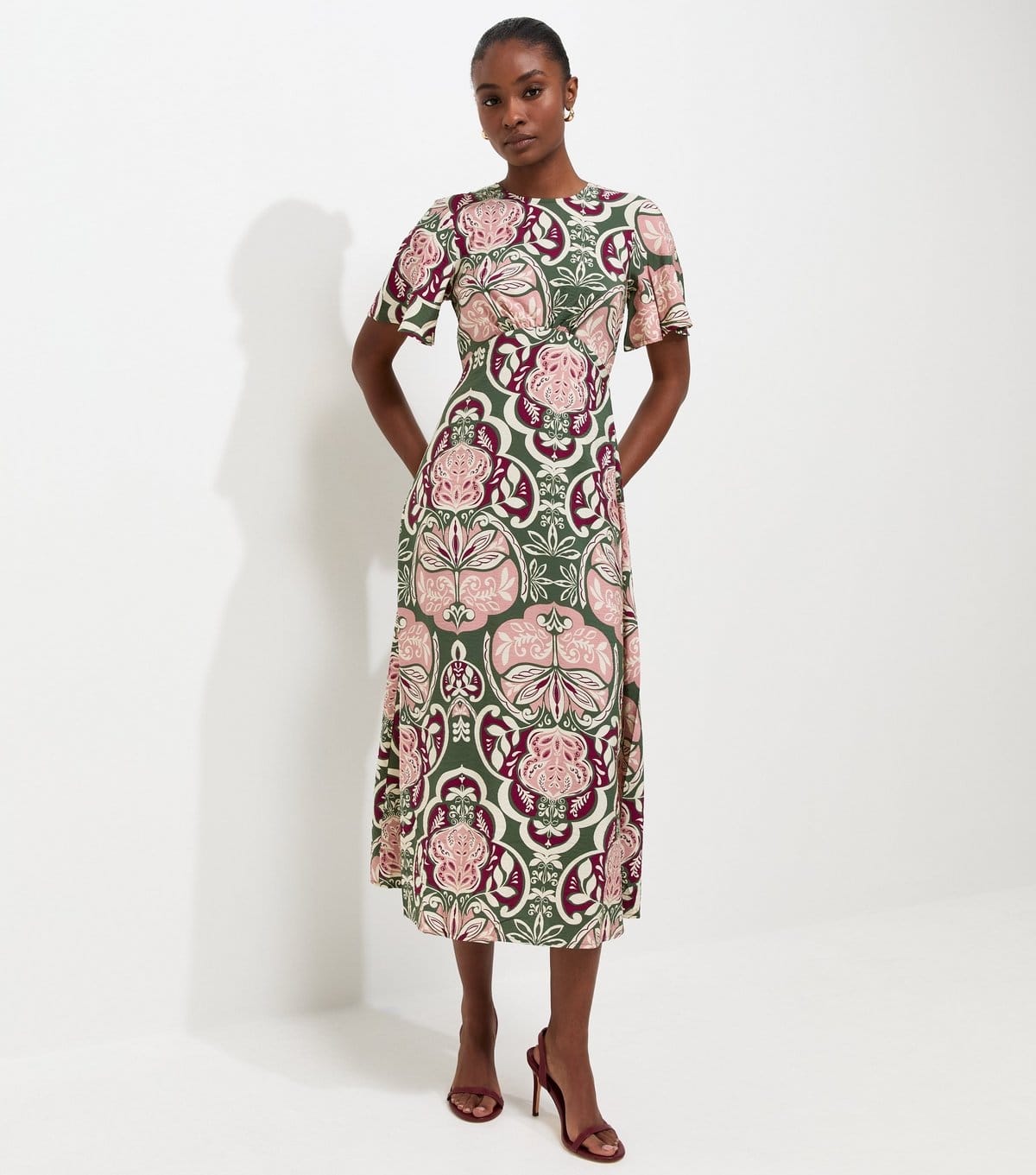 New Look Green Floral Angel Sleeve Midi Dress
