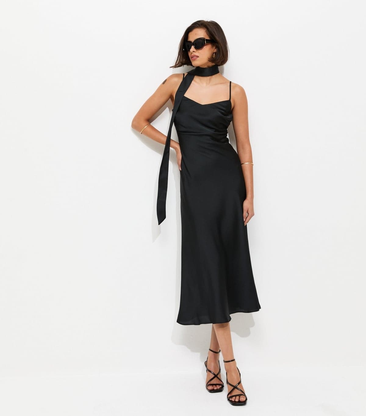 New Look Women's Black Satin Slip Midi Dress with Scarf New Look