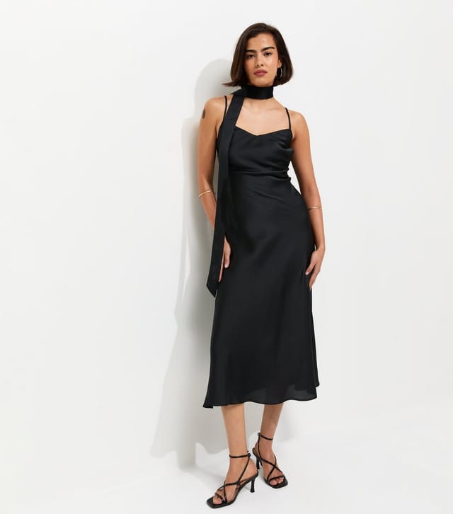 New Look Women's Black Satin Slip Midi Dress with Scarf New Look - 3