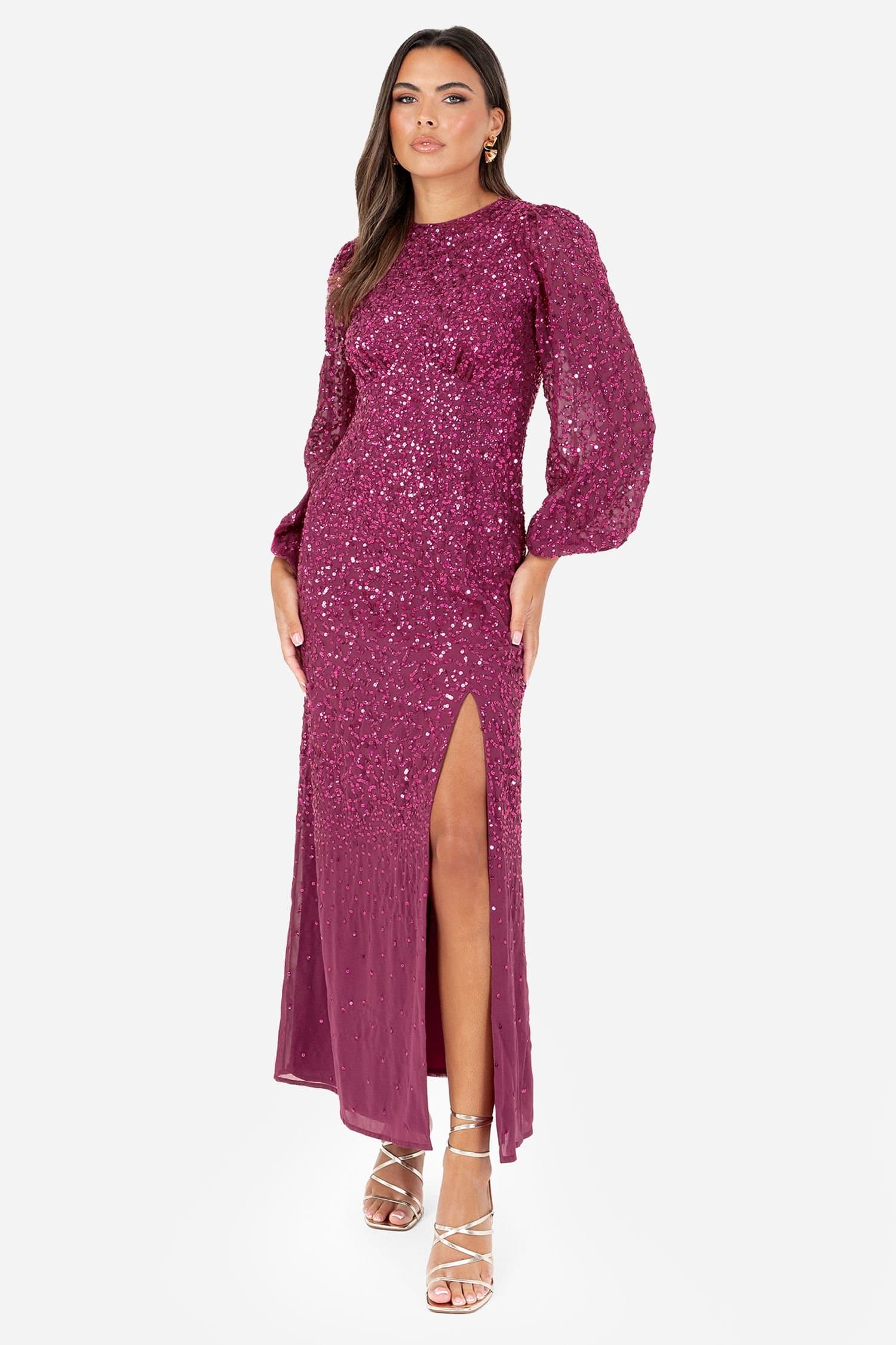 Maya Deluxe Maya Deluxe Women's Embellished Blouson Sleeve Maxi Dress in Fuchsia