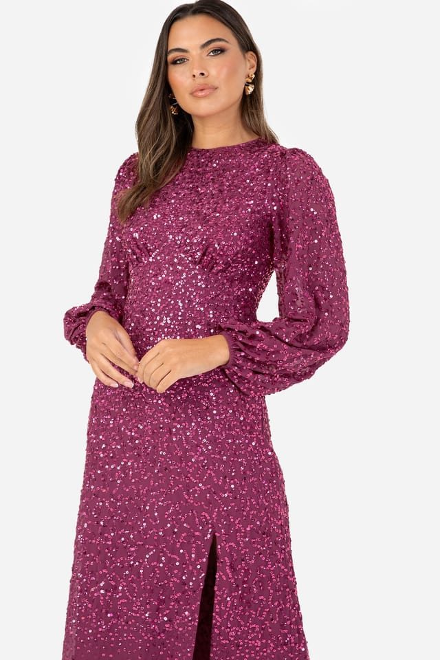 Maya Deluxe Maya Deluxe Women's Embellished Blouson Sleeve Maxi Dress in Fuchsia - 3