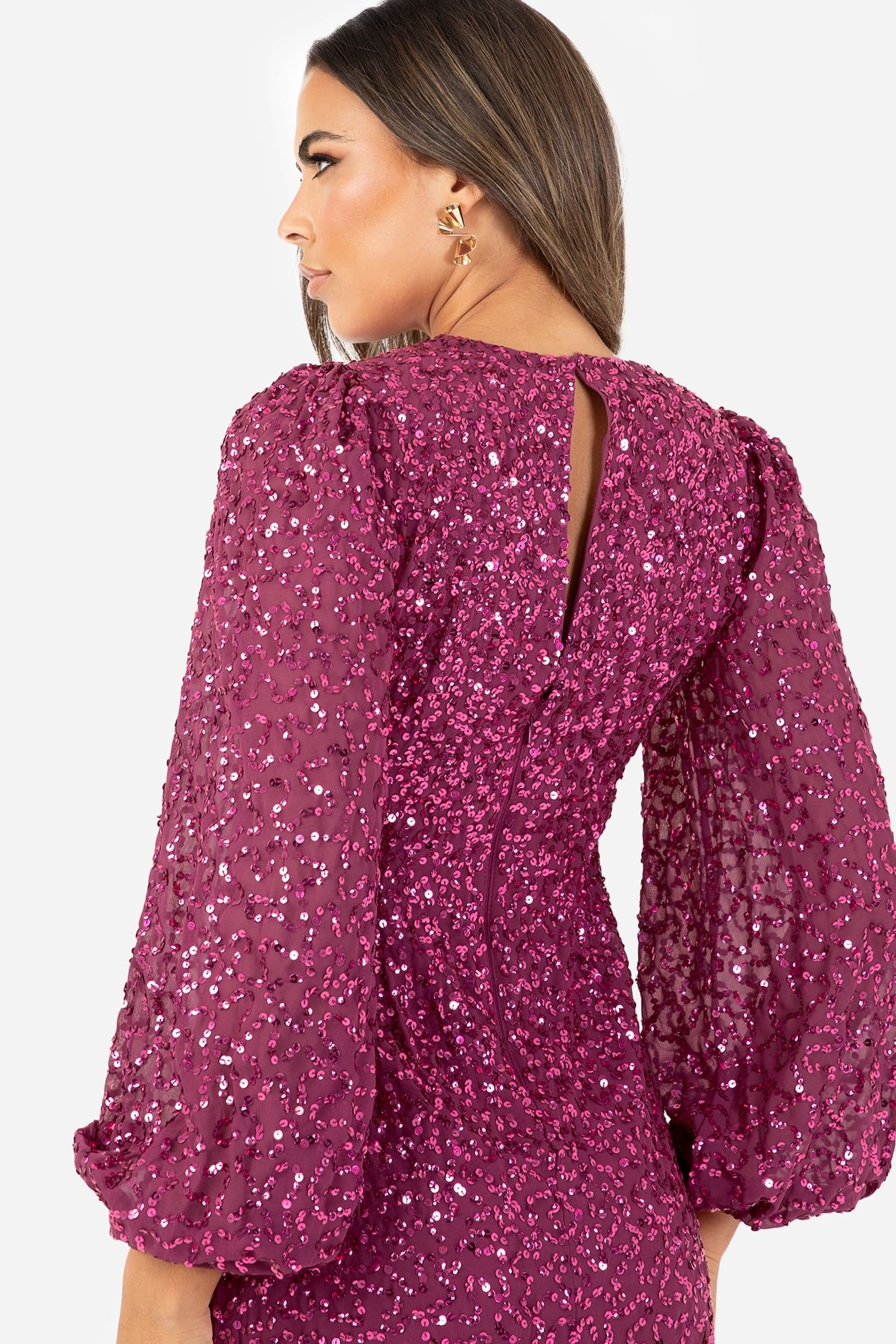 Maya Deluxe Maya Deluxe Women's Embellished Blouson Sleeve Maxi Dress in Fuchsia - 4