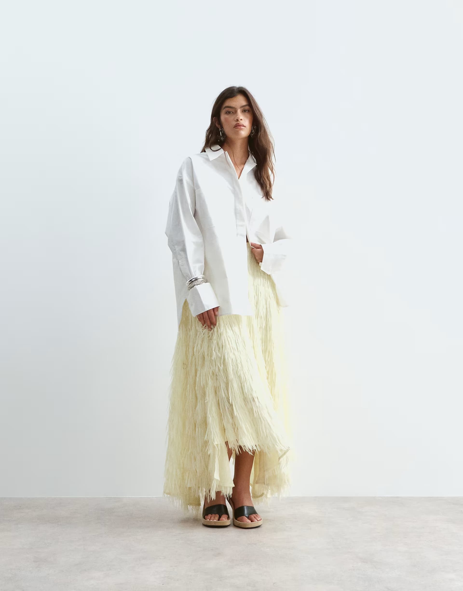 ASOS ARRANGE fringe texture asymmetric maxi skirt in soft yellow