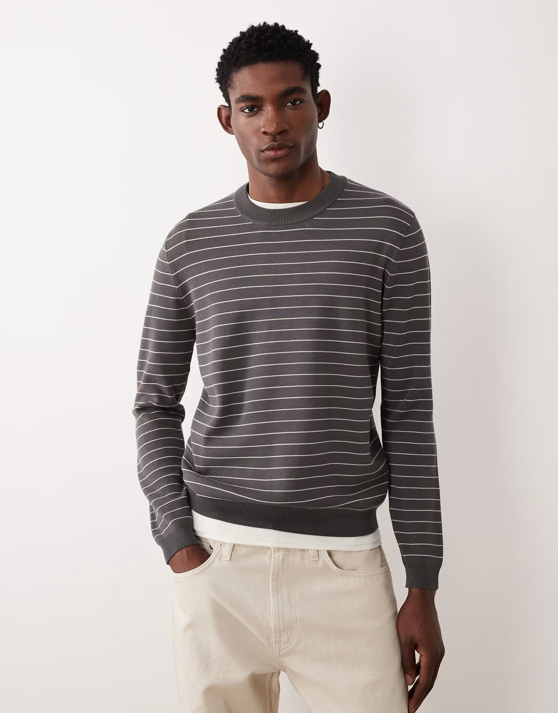 ASOS Mango performance knitted striped sweater in charcoal
