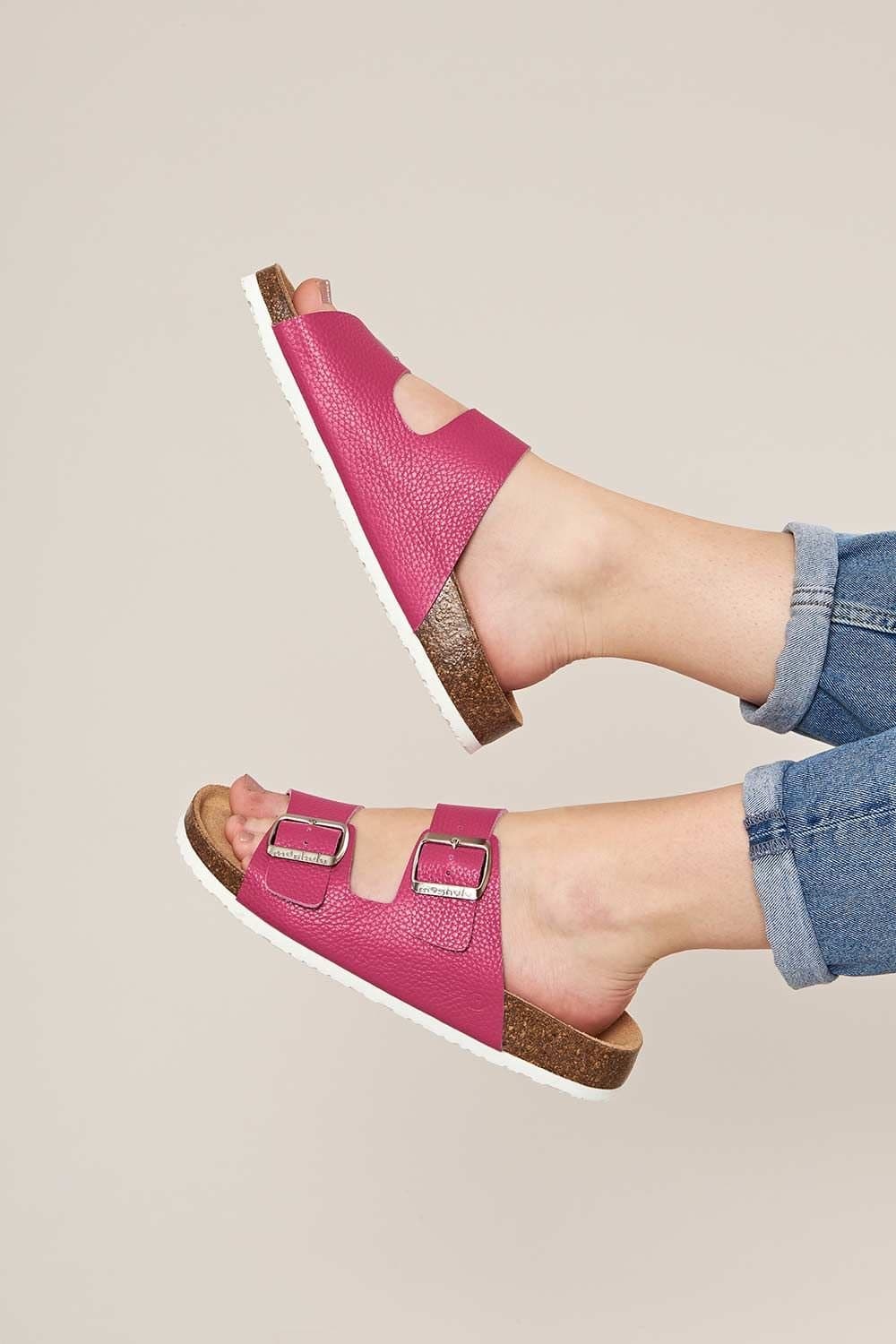 Moshulu Moshulu Fuchsia Leather Sandals with Cork Footbed