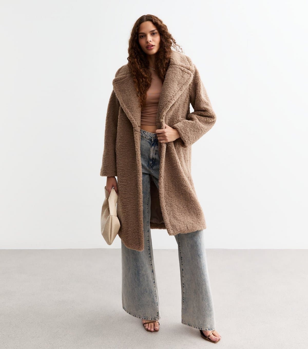 New Look Women's Tan Oversized Fluffy Borg Longline Coat New Look