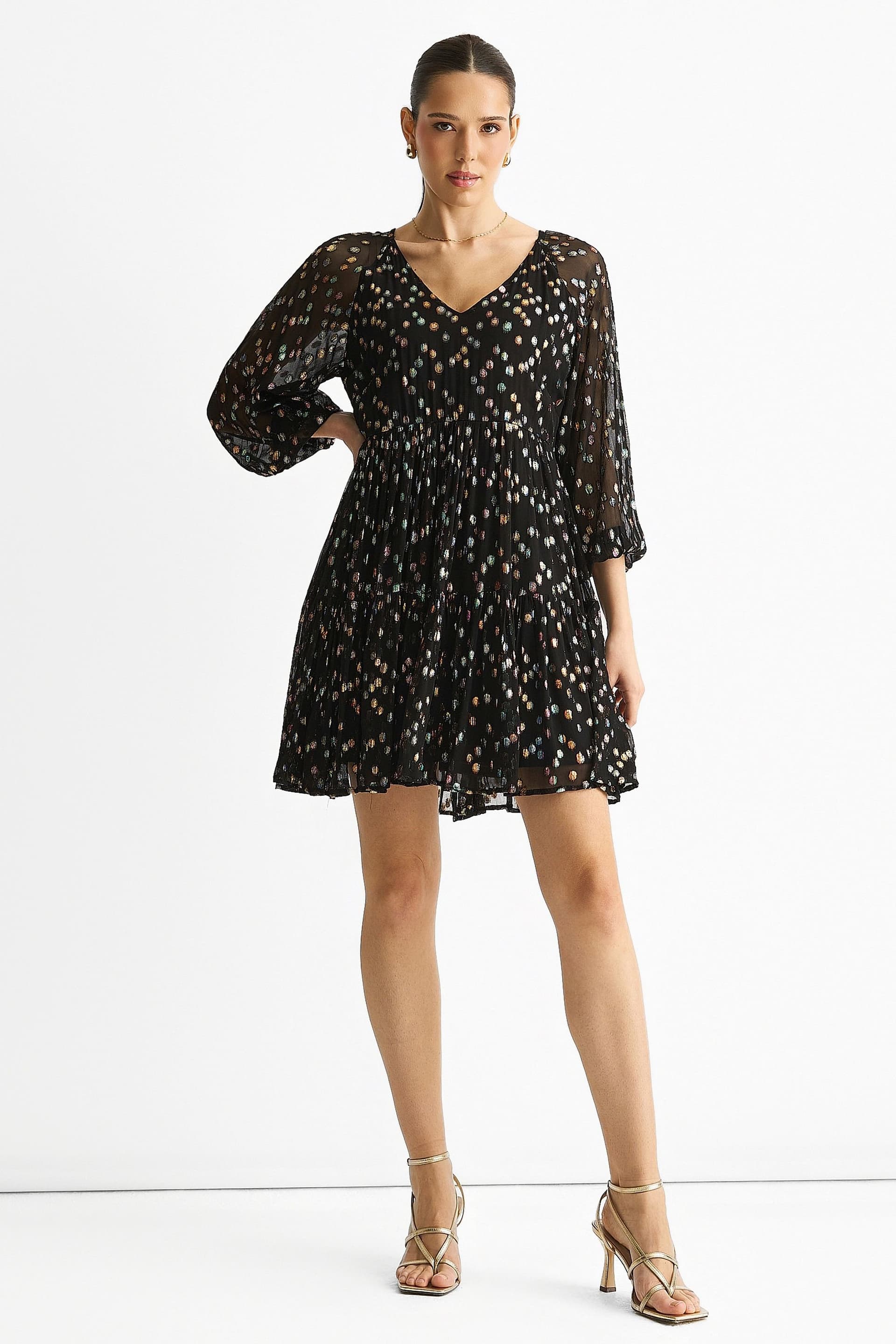 Gini London Gini London Women's Black Multicolored Spot Viscose Clipped Jacquard Mini Tiered Dress