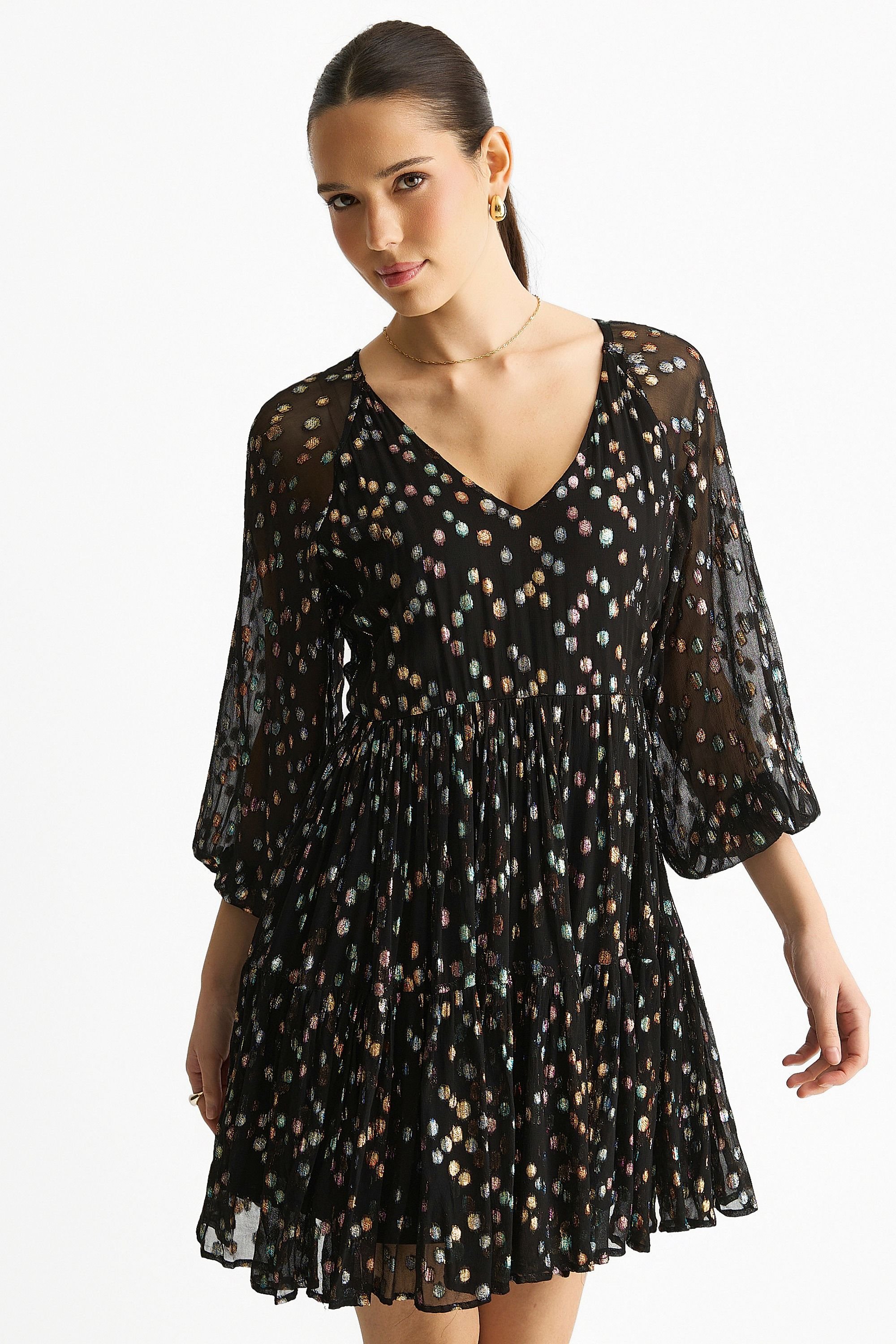 Gini London Gini London Women's Black Multicolored Spot Viscose Clipped Jacquard Mini Tiered Dress - 2